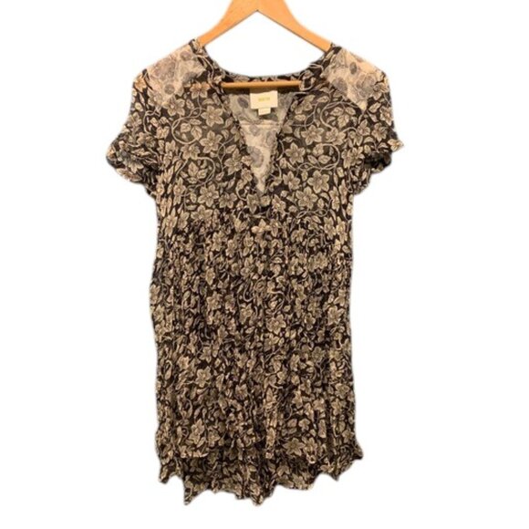 Maeve‎ Women’s 2P Black Floral Crinkle Tunic Top Short Sleeve Boho Peasant Style - Picture 1 of 7